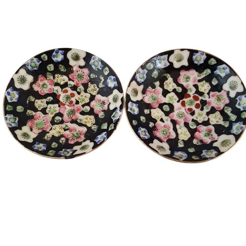 Vintage Cloisonne Enamel Floral Flowered Trinket Dishes 1960 Set of 2 Japan